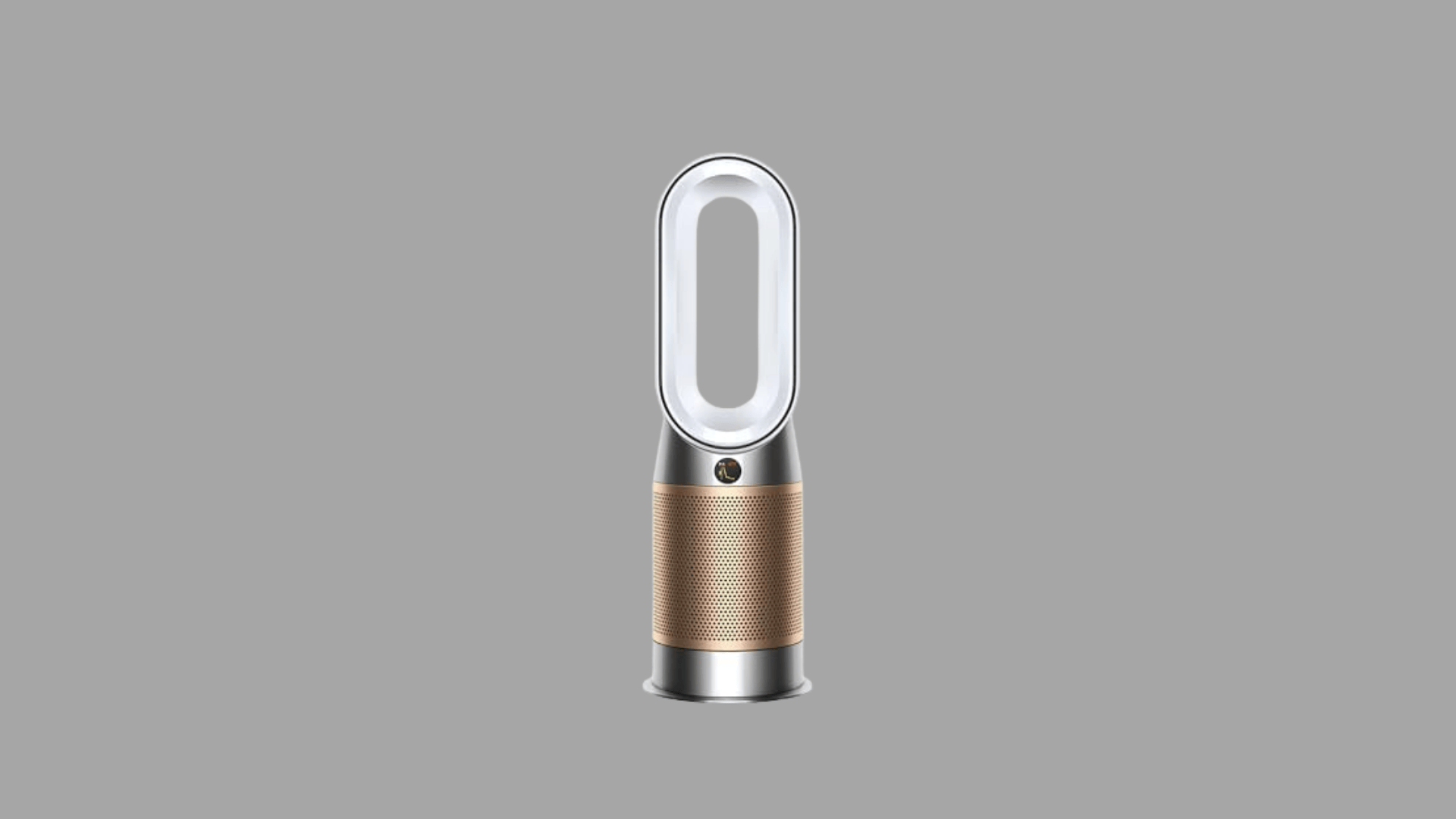 Dyson air purifier with compact bladeless loop design, HEPA filter base, and gold and silver finish