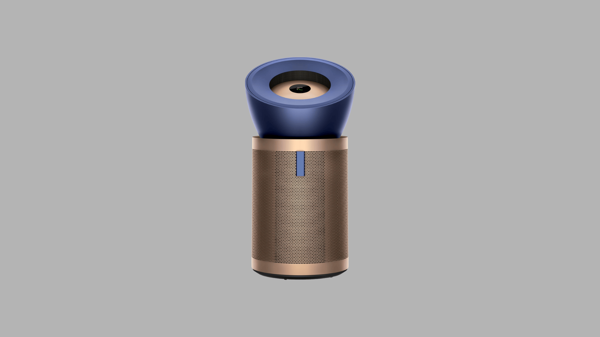 Dyson air purifier with cylindrical body, perforated filter design, and top airflow outlet in blue and gold finish