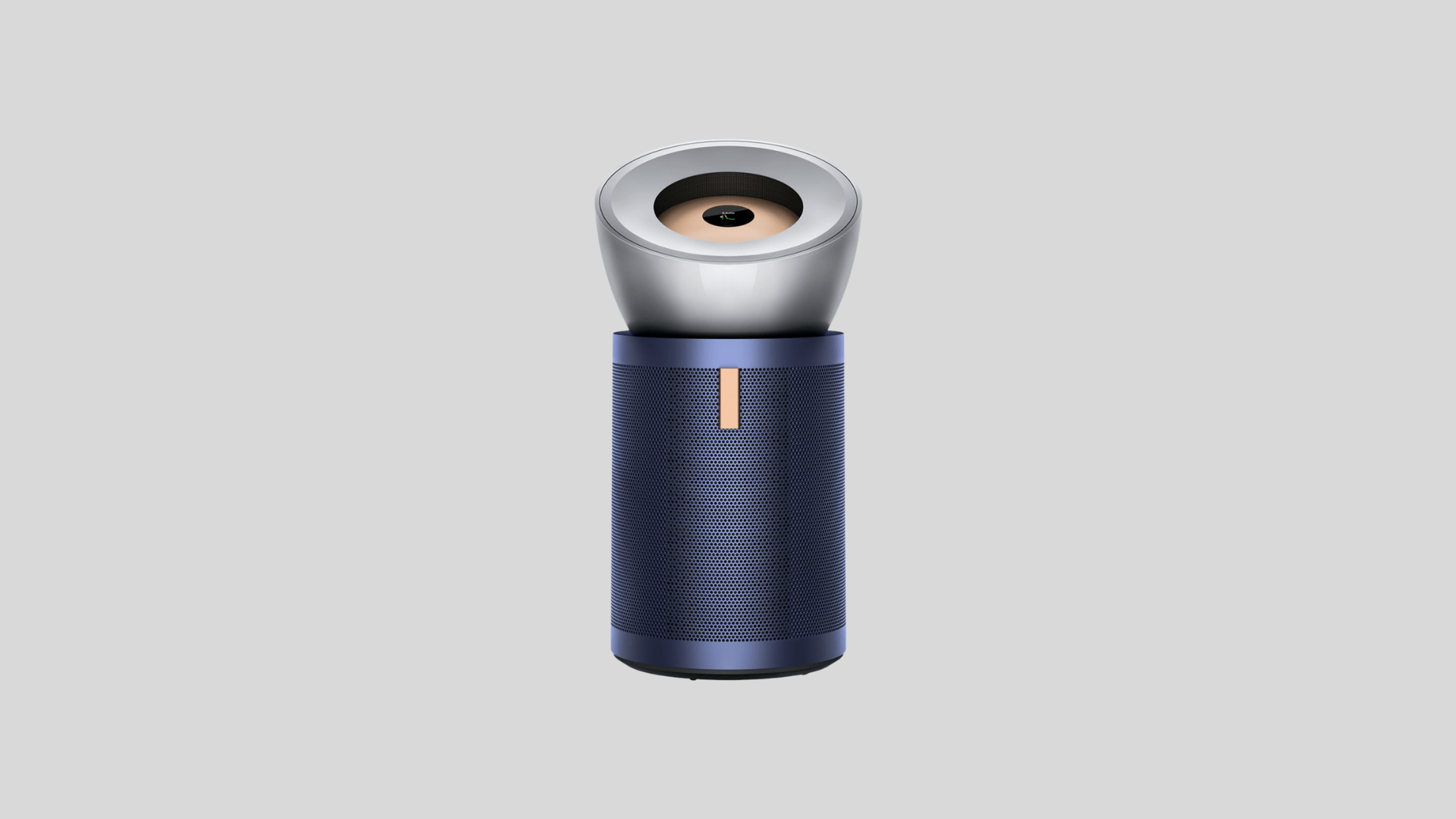 Dyson air purifier with cylindrical design, perforated filter body, and top airflow outlet in blue and silver finish
