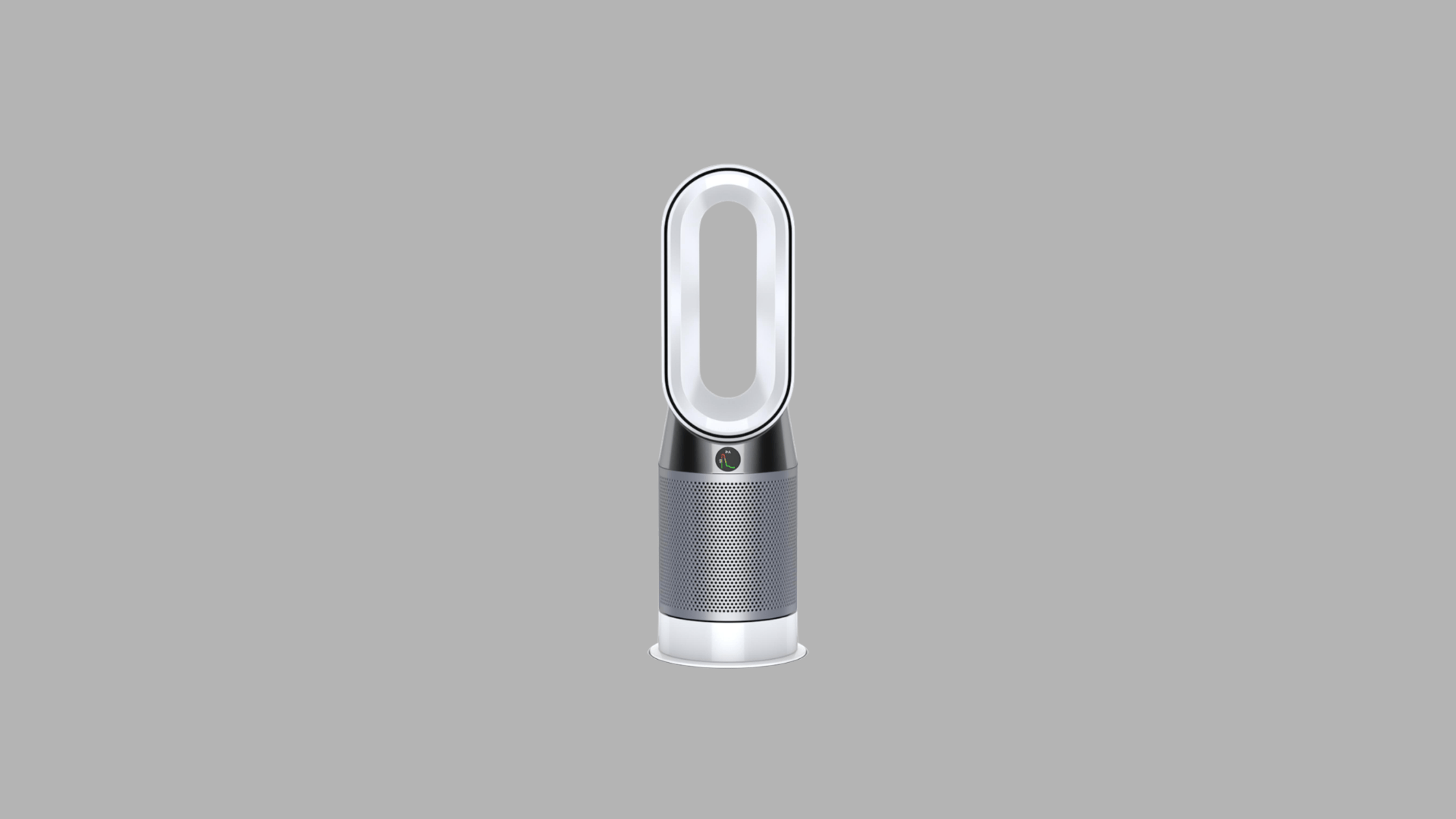 Dyson compact air purifier with bladeless oval loop, HEPA filter base, and modern silver and black design