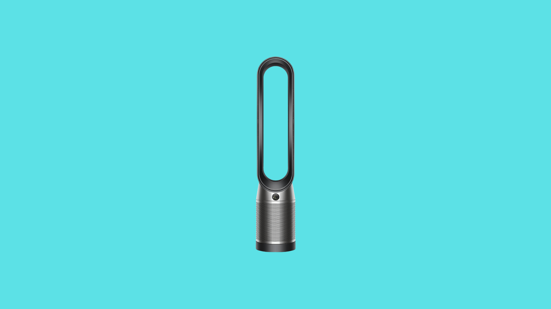 Dyson tower air purifier with bladeless loop design, HEPA filter base, and sleek black and silver finish