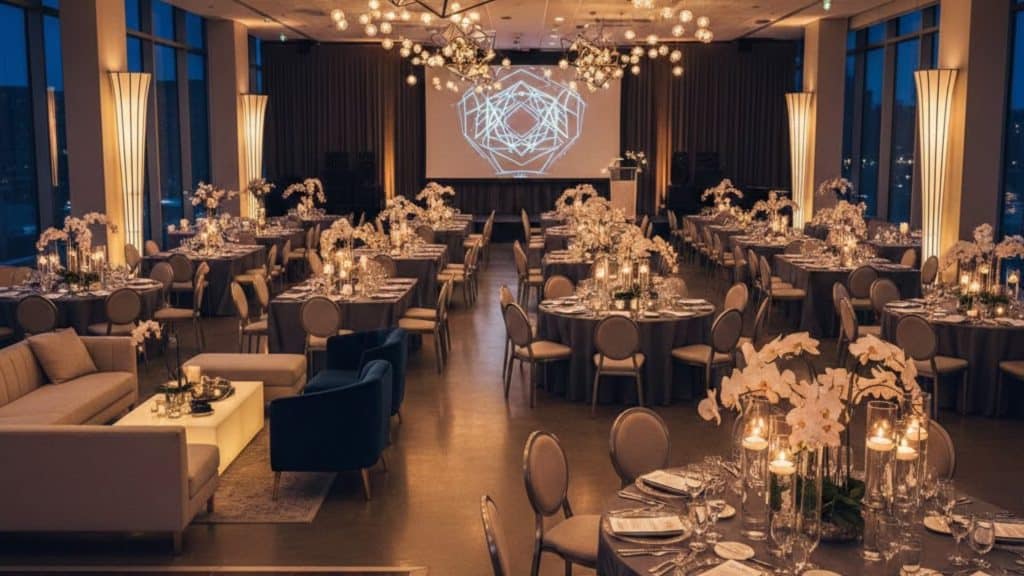Elegant evening event venue with modern geometric lighting, floral centerpieces, and candlelit tables