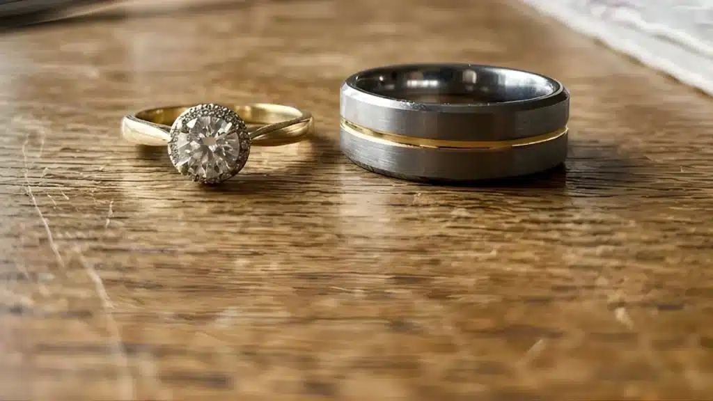 Engagement ring and wedding band on wooden table in soft daylight, symbolizing wedding jewelry and commitment