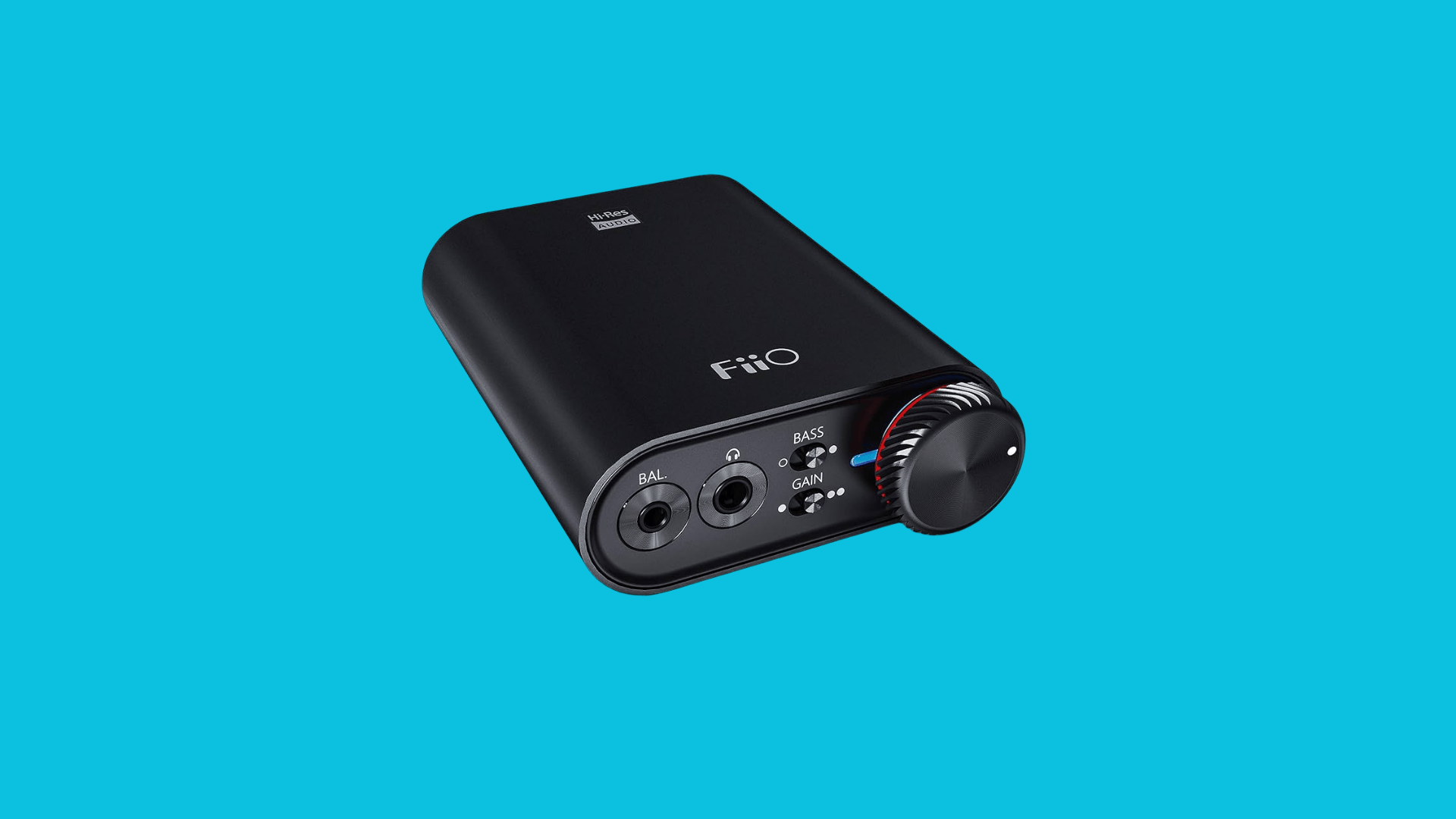 FiiO portable headphone amplifier with volume knob, bass boost, and gain control for improved power and audio performance