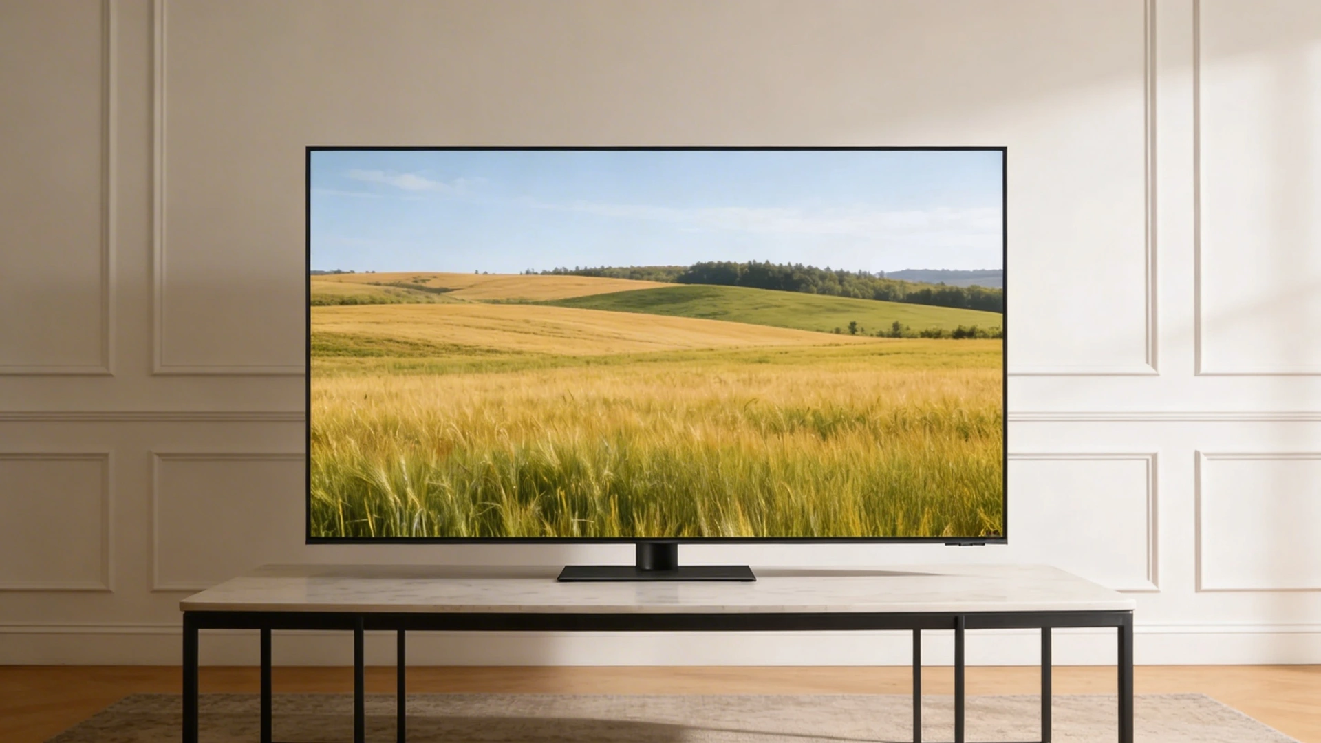 Flat screen TV on modern table showing golden field landscape with hills and trees in bright daylight