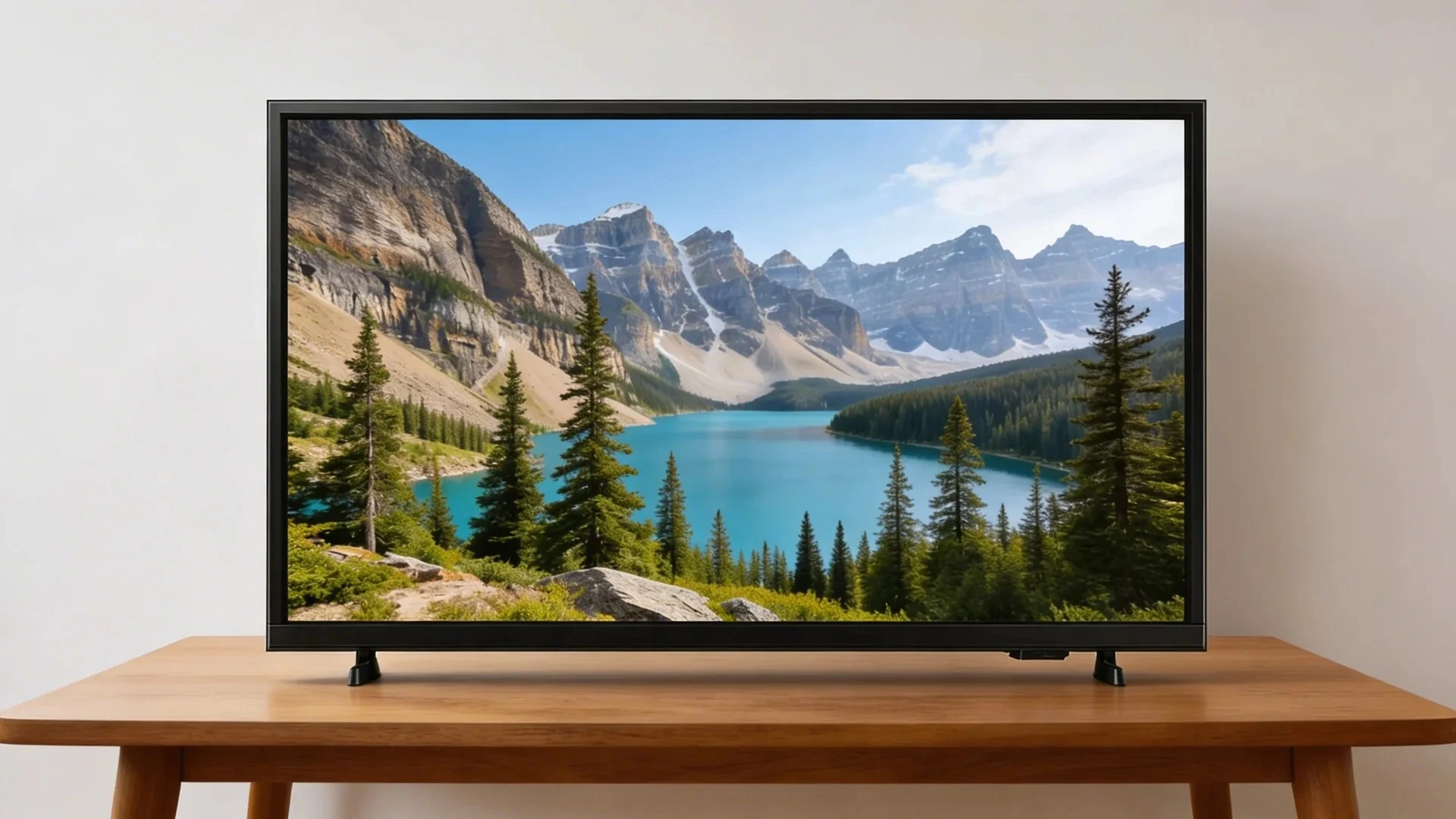 Flat screen TV on wooden table displaying a bright mountain lake landscape with trees and snowy peaks view