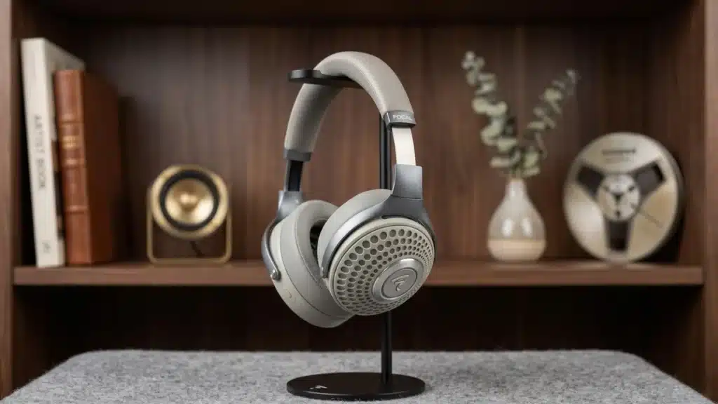 Focal Bathys headphones on stand in home setup showing premium design, light finish, and detailed ear cup grille