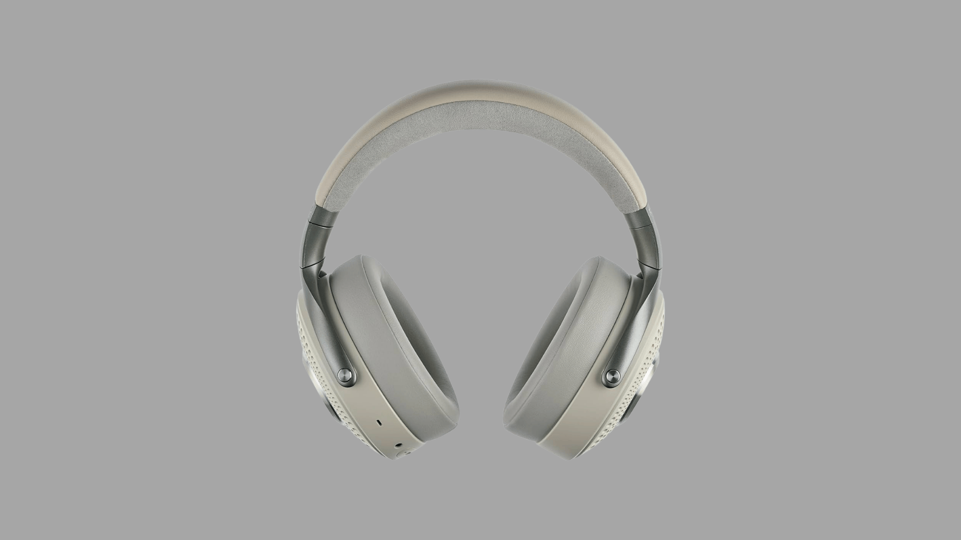 Focal Bathys wireless headphones in light finish showing leather padding, metal frame, and cushioned ear cups from front view