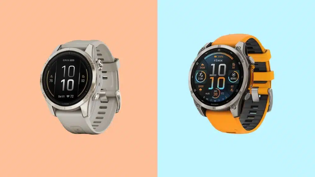Garmin Epix and Fenix watches side by side showing design, display, and strap style differences