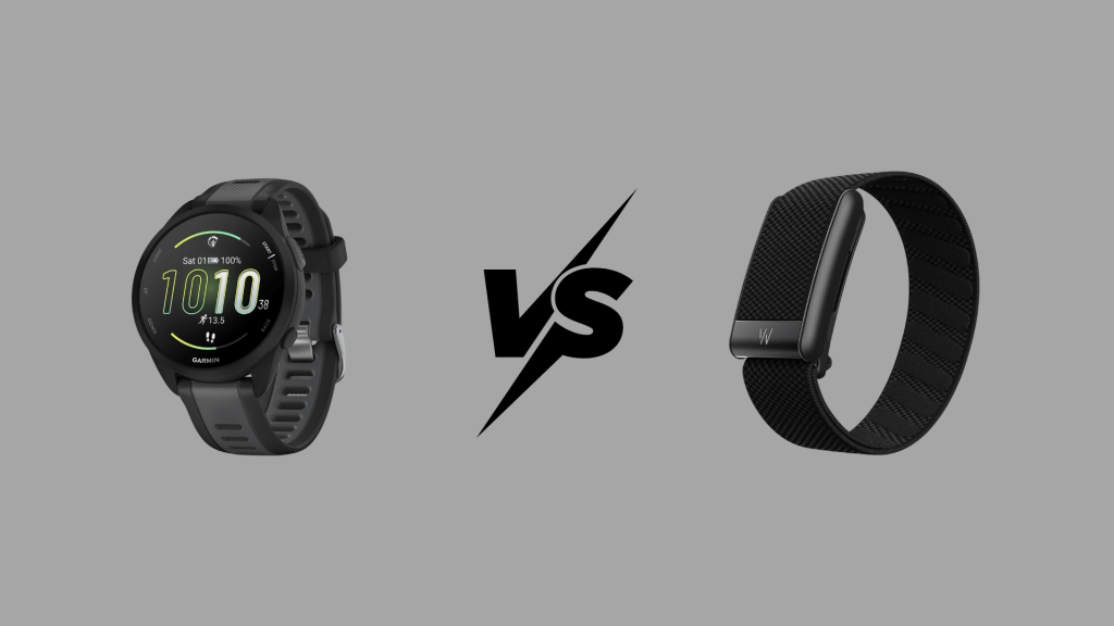 Garmin Forerunner smartwatch vs Whoop fitness band comparison showing design, display, and tracking style differences