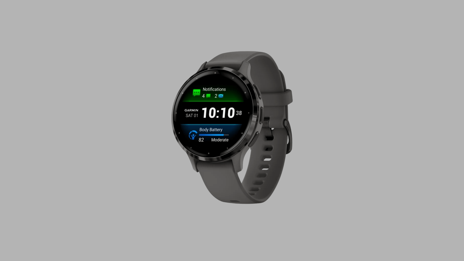 Garmin Venu 3 smartwatch with AMOLED display showing notifications and Body Battery, grey strap design