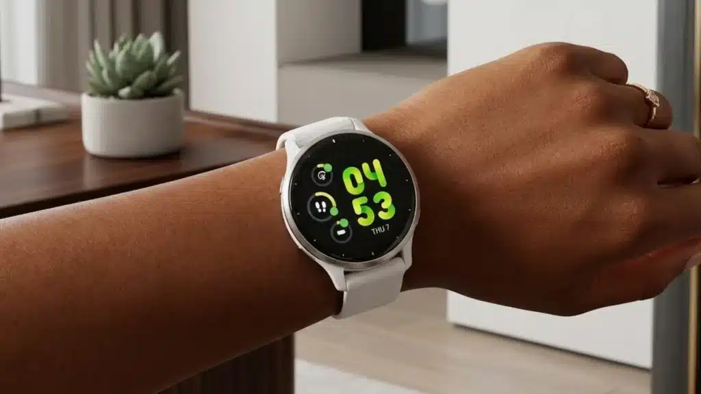 Garmin Venu 3 smartwatch worn on wrist showing bright AMOLED display with time and fitness data in indoor setting