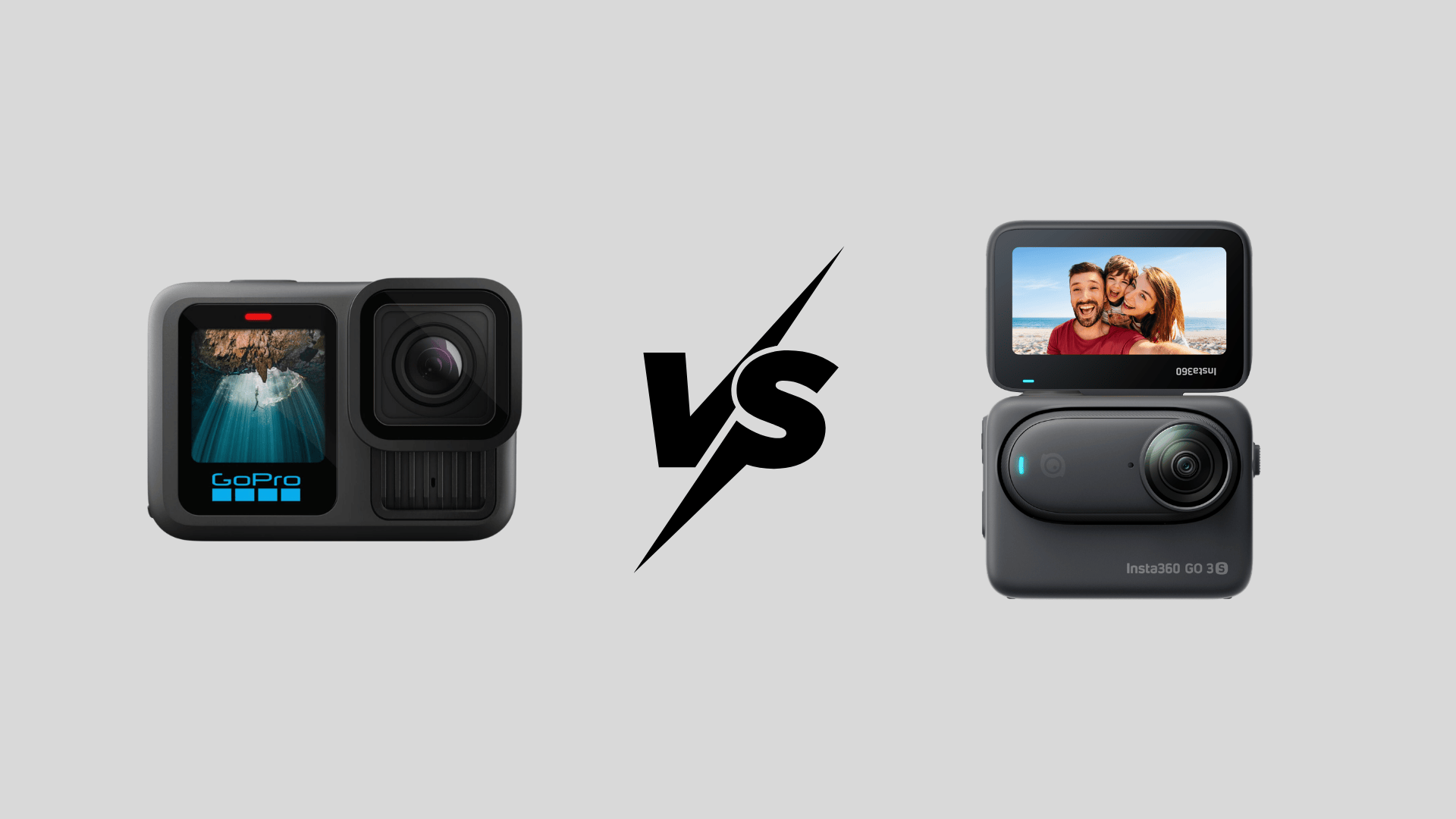 GoPro camera vs Insta360 camera side by side with VS symbol showing design and display comparison