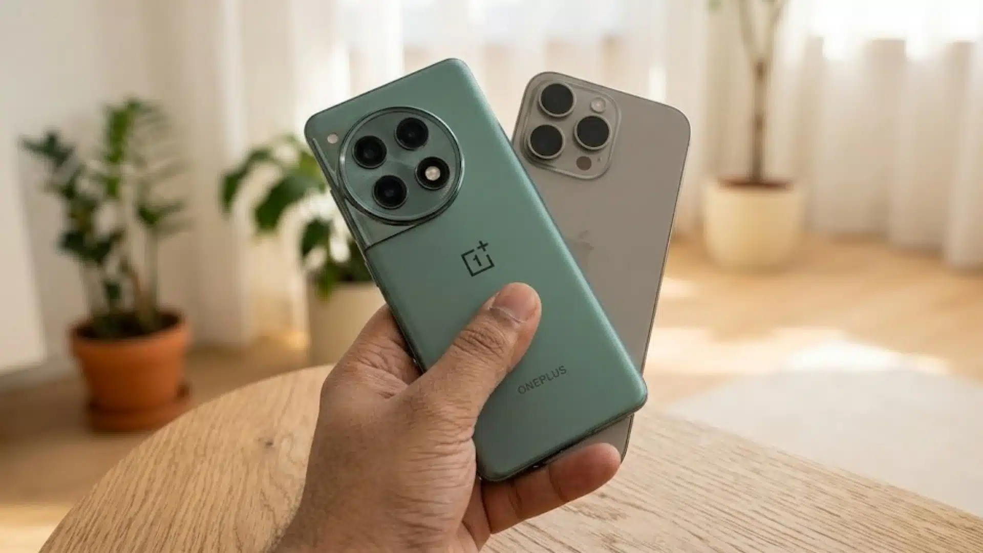 Hand holding OnePlus Android phone beside an Apple iPhone on a wooden table, highlighting smartphone comparison between Android and iOS devices