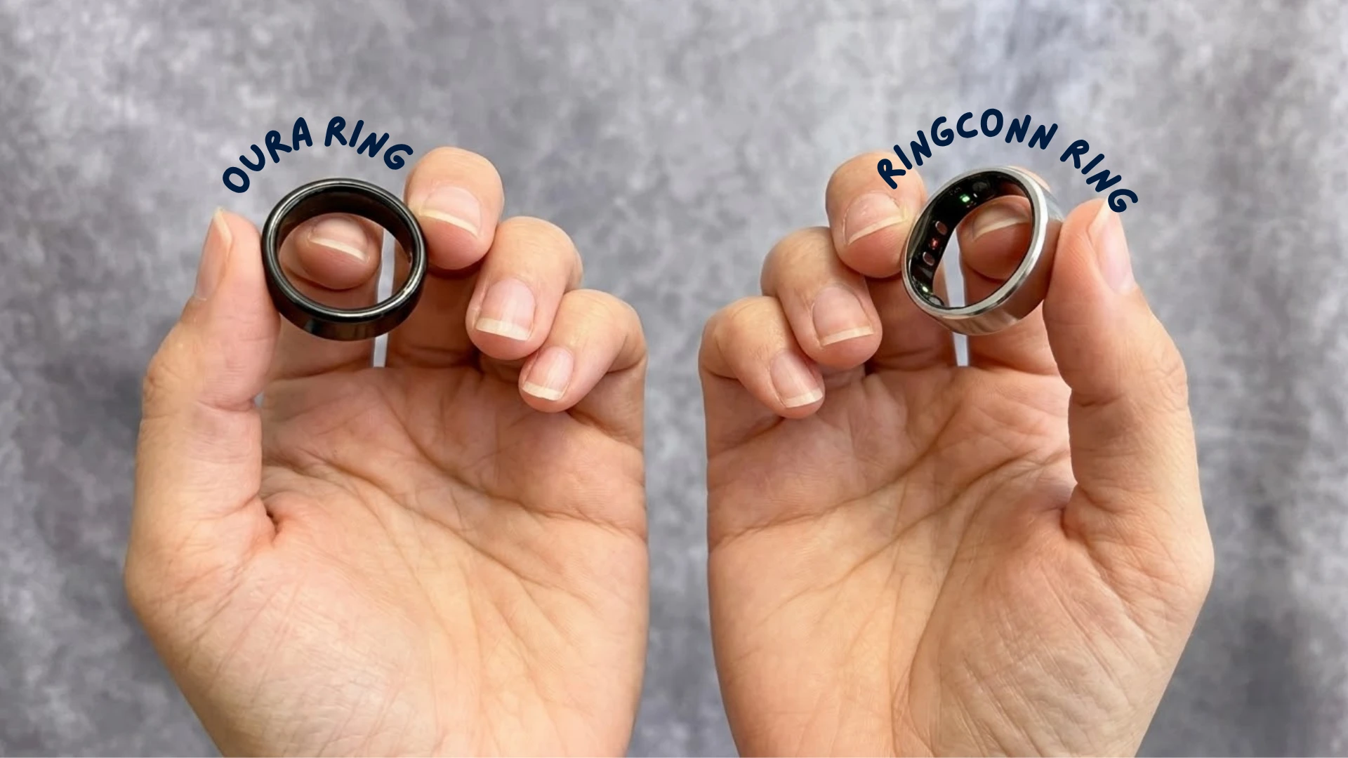 Hands holding Oura Ring and RingConn ring side by side showing design and sensor differences