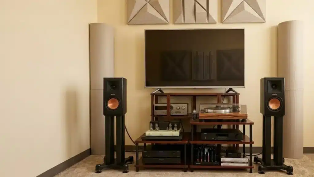 Home audio setup with bookshelf speakers, amplifier, turntable, and acoustic panels arranged for balanced sound in a treated listening room