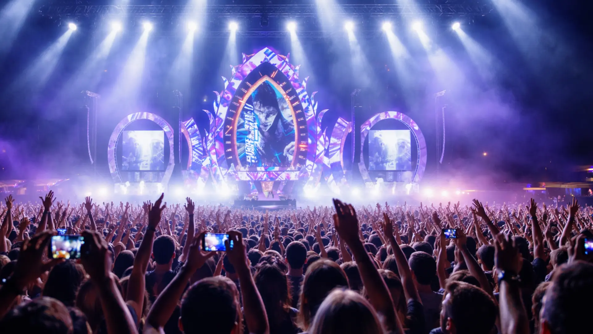 Huge concert crowd raising hands and recording with phones in front of brightly lit stage during live stadium music performance
