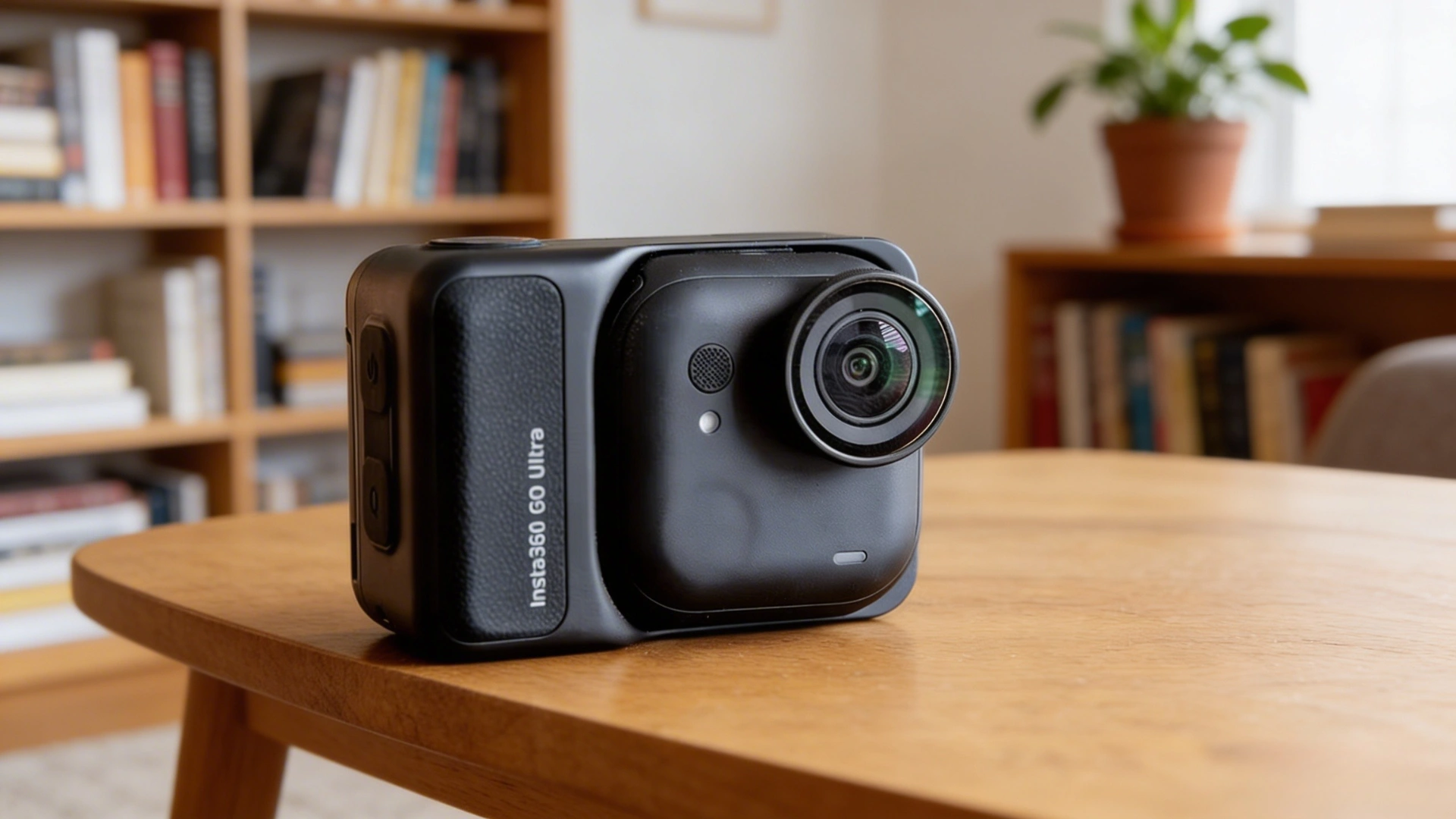Insta360 GO Ultra camera on wooden table indoors showing compact design, lens detail, and minimalist build in a home setting