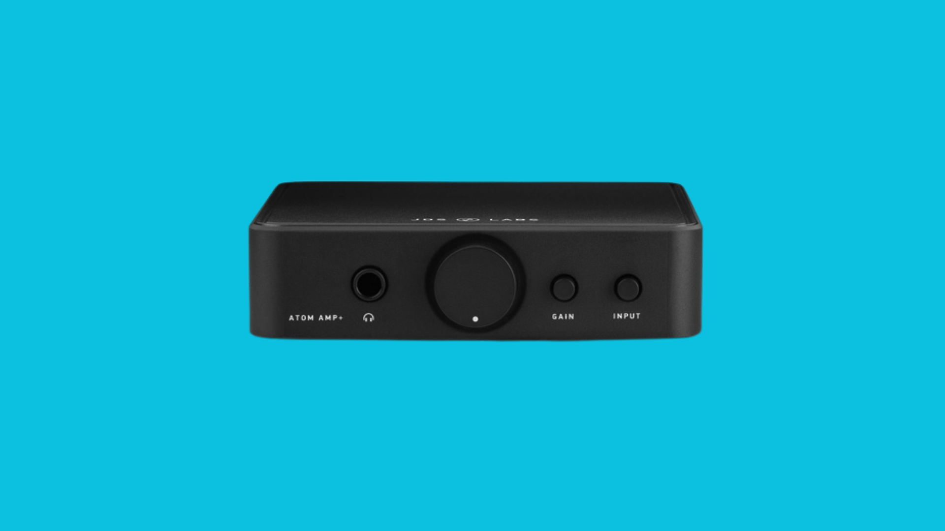 JDS Labs Atom Amp+ desktop headphone amplifier with volume knob, gain control, and clean design for accurate audio output