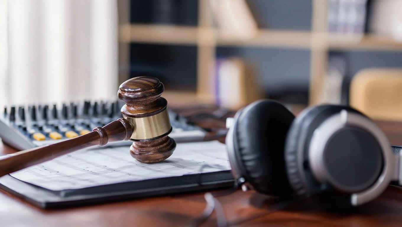 Judge gavel on desk beside headphones and audio mixer in studio setting