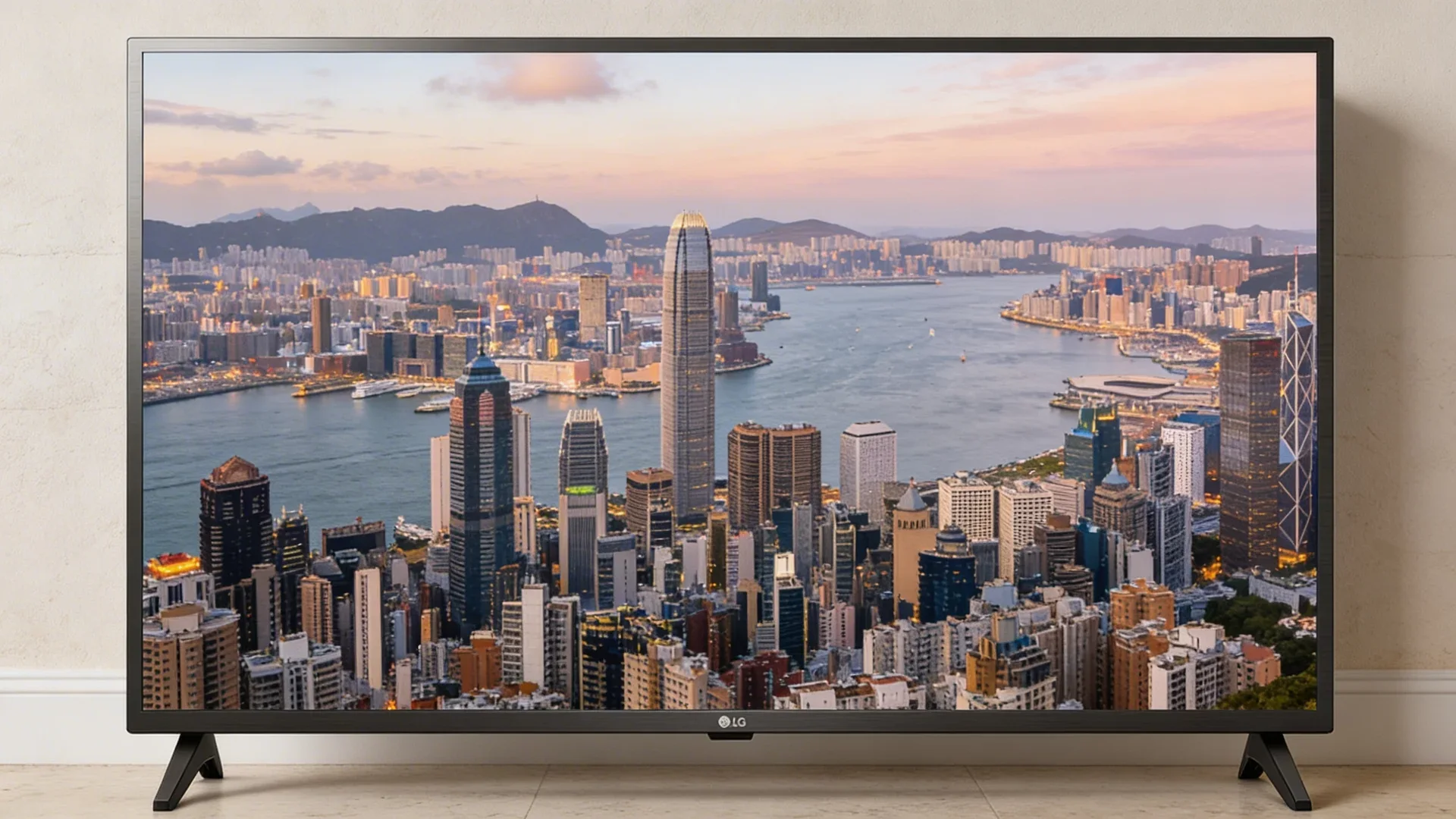 LG TV displaying a detailed city skyline with river view at sunset, showcasing high resolution and vibrant colors