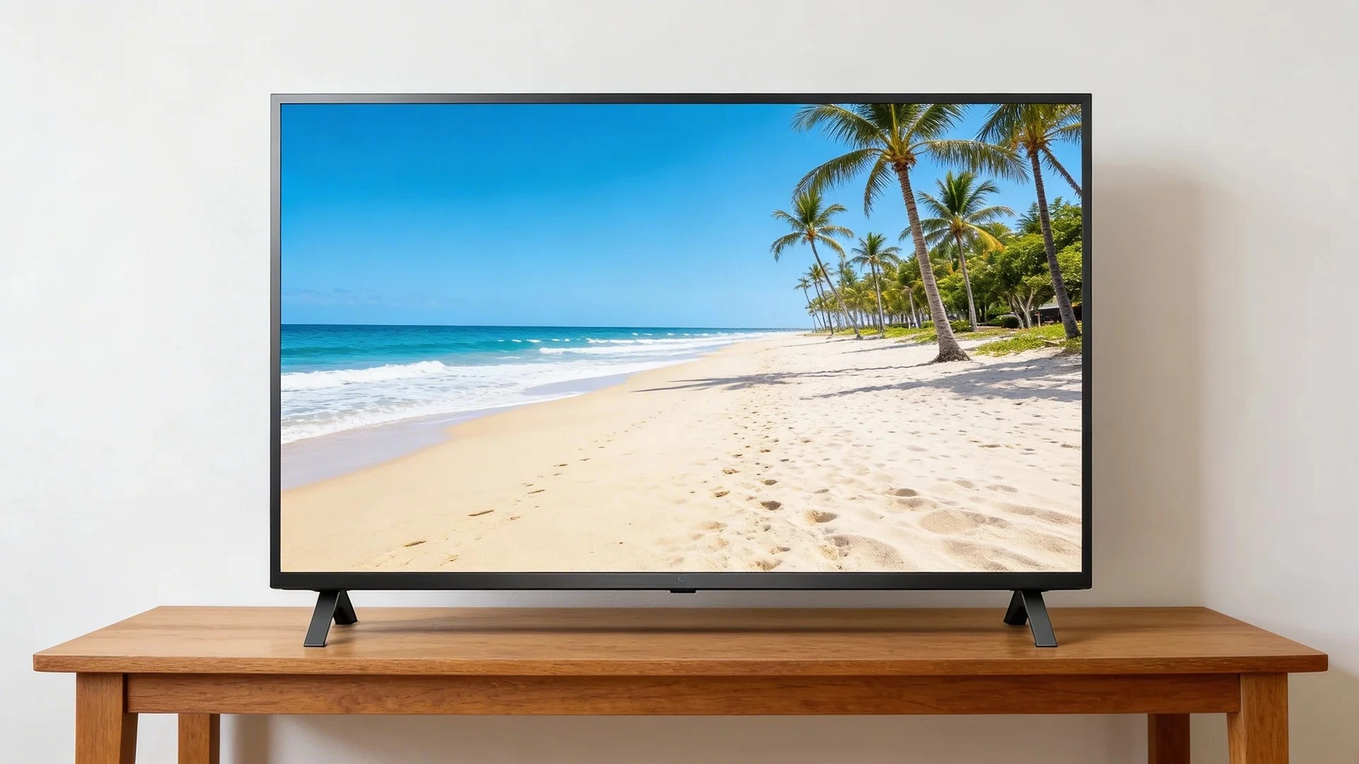 LG flat screen TV on wooden table displaying tropical beach with palm trees and blue ocean shoreline