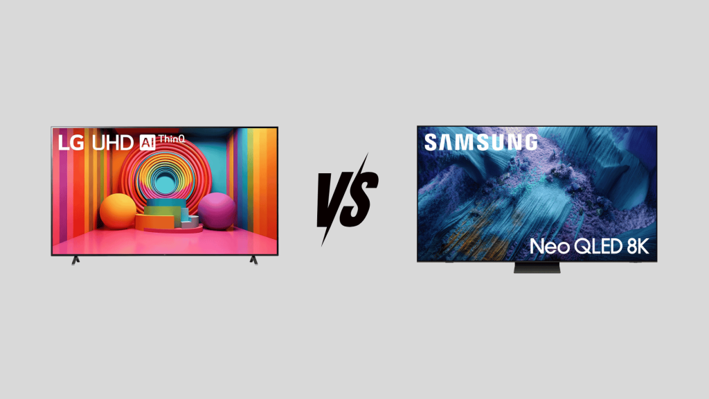 LG vs Samsung TVs side by side comparison showing UHD AI ThinQ and Neo QLED 8K displays with VS graphic