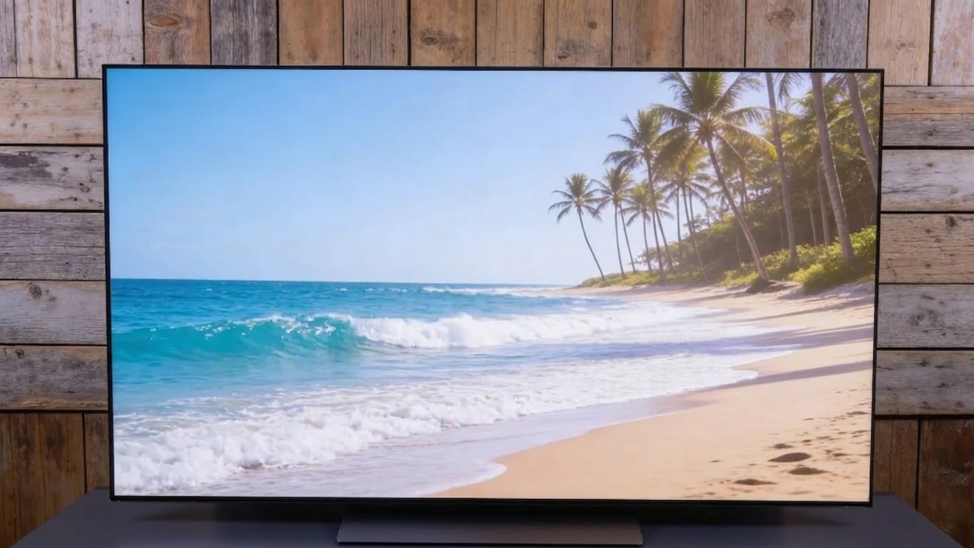Large flat OLED screen TV displaying bright beach scene with palm trees and ocean, placed against wooden wall