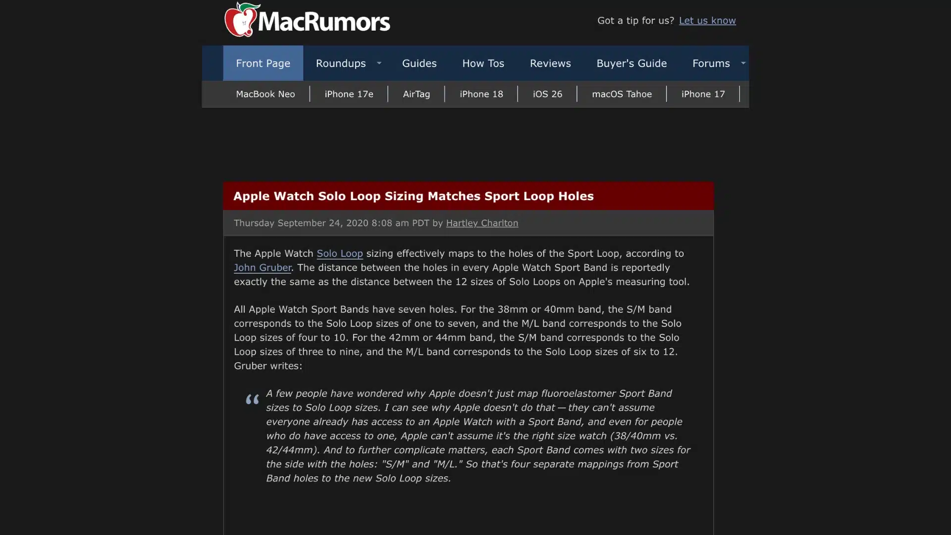 MacRumors article showing Solo Loop sizing comparison with Sport Band hole positions