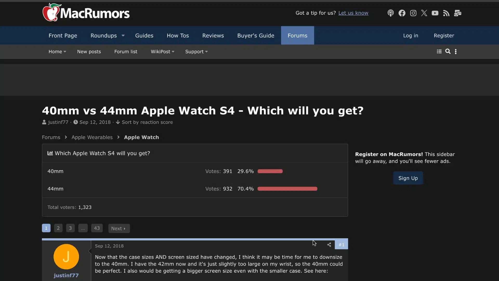 MacRumors forum poll showing 40mm vs 44mm Apple Watch S4 vote results