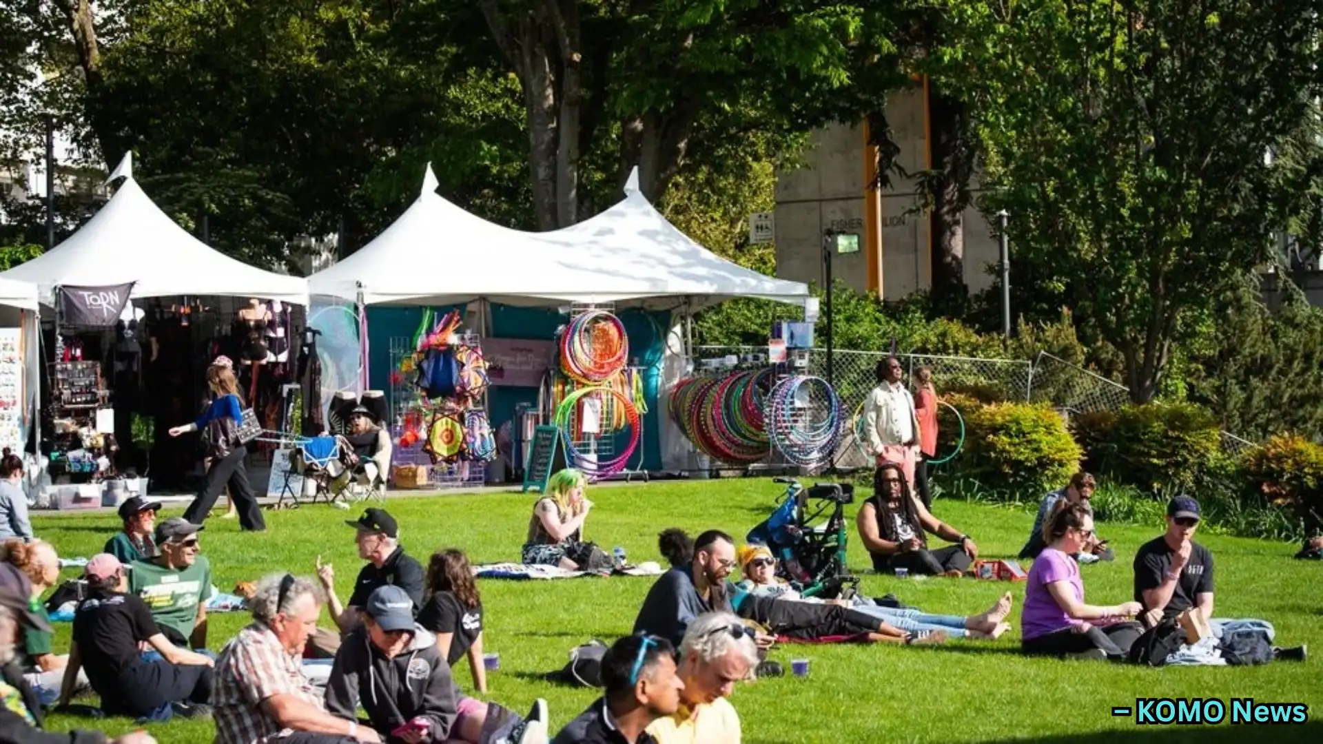 People relaxing on grass at outdoor market, tents selling goods and colorful items in park setting