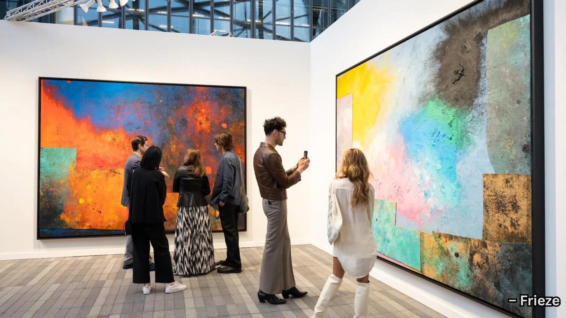 People viewing large abstract paintings in modern art gallery, bright colors and spacious indoor setting