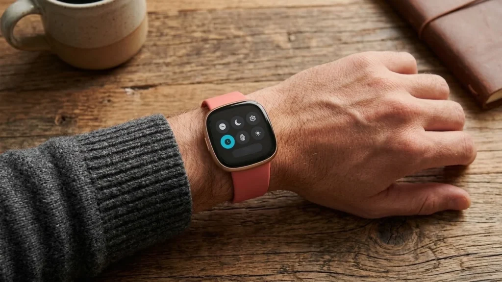 Person wearing Fitbit Versa smartwatch with pink band on wrist, showing quick settings screen on wooden desk
