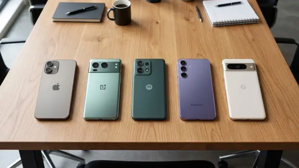 Popular smartphone brands including Apple iPhone, OnePlus, Motorola, Samsung, and Google Pixel placed on a wooden table