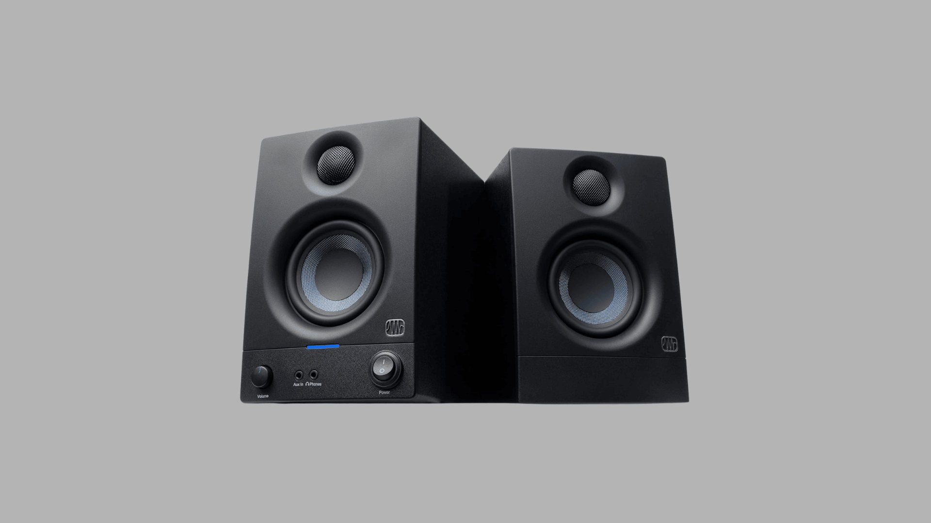 PreSonus Eris E3.5 studio monitors with compact design, front controls, and accurate sound for desktop audio setups