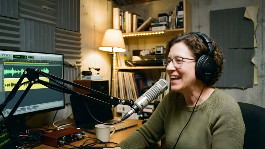 Professional podcaster recording in a home studio, wearing headphones and speaking into a microphone
