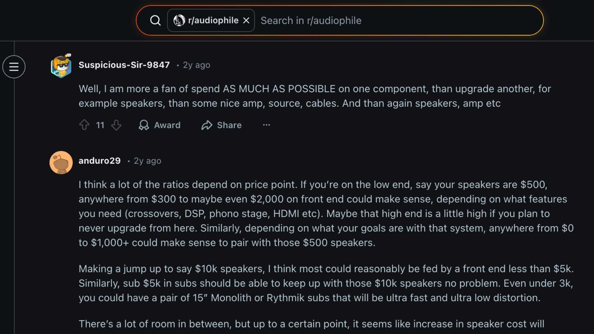 Reddit audiophile discussion thread showing user advice on budget audio setups, speaker spending, and system balance strategies
