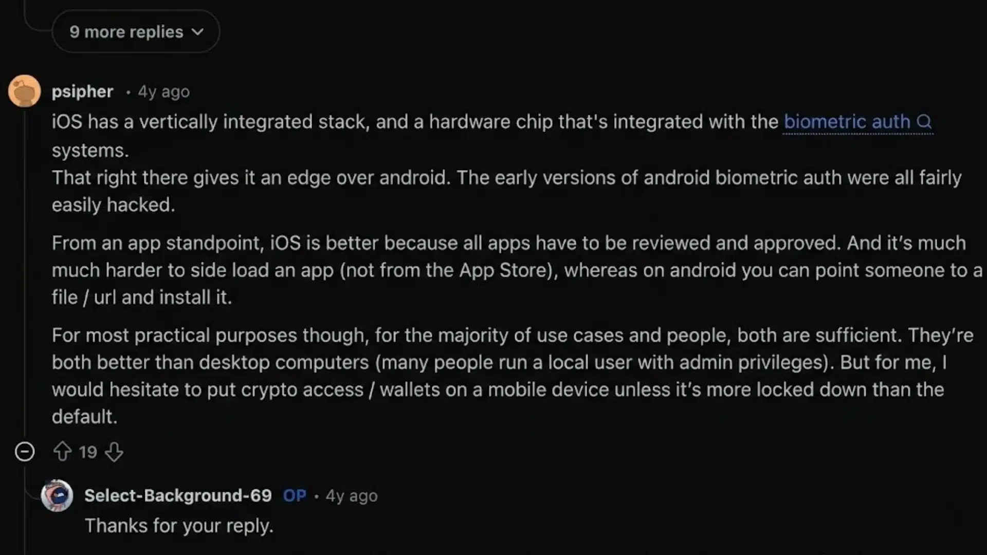 Reddit comment discussing iOS vs Android security, highlighting biometric integration, app review process, and side loading risks