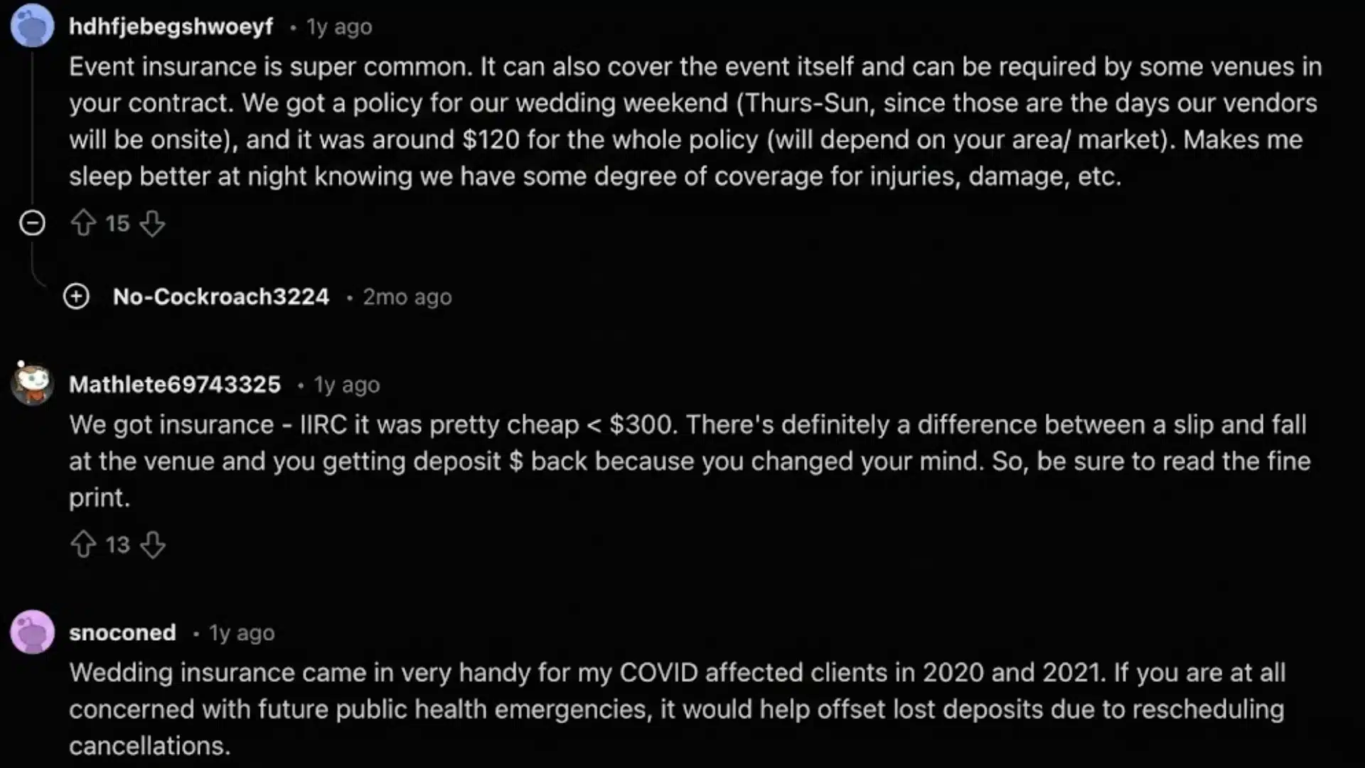 Reddit comments discussing wedding insurance cost, venue liability coverage, and advice to review policy terms