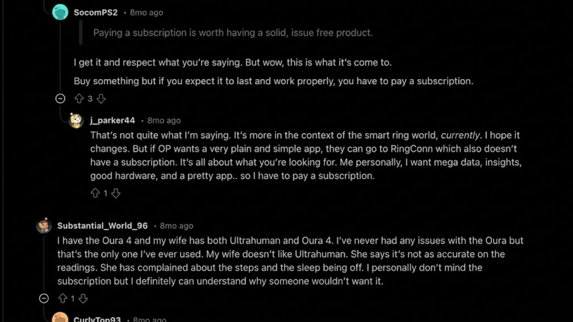 Reddit discussion comparing Oura and Ultrahuman rings, focusing on subscription, accuracy, and user experiences