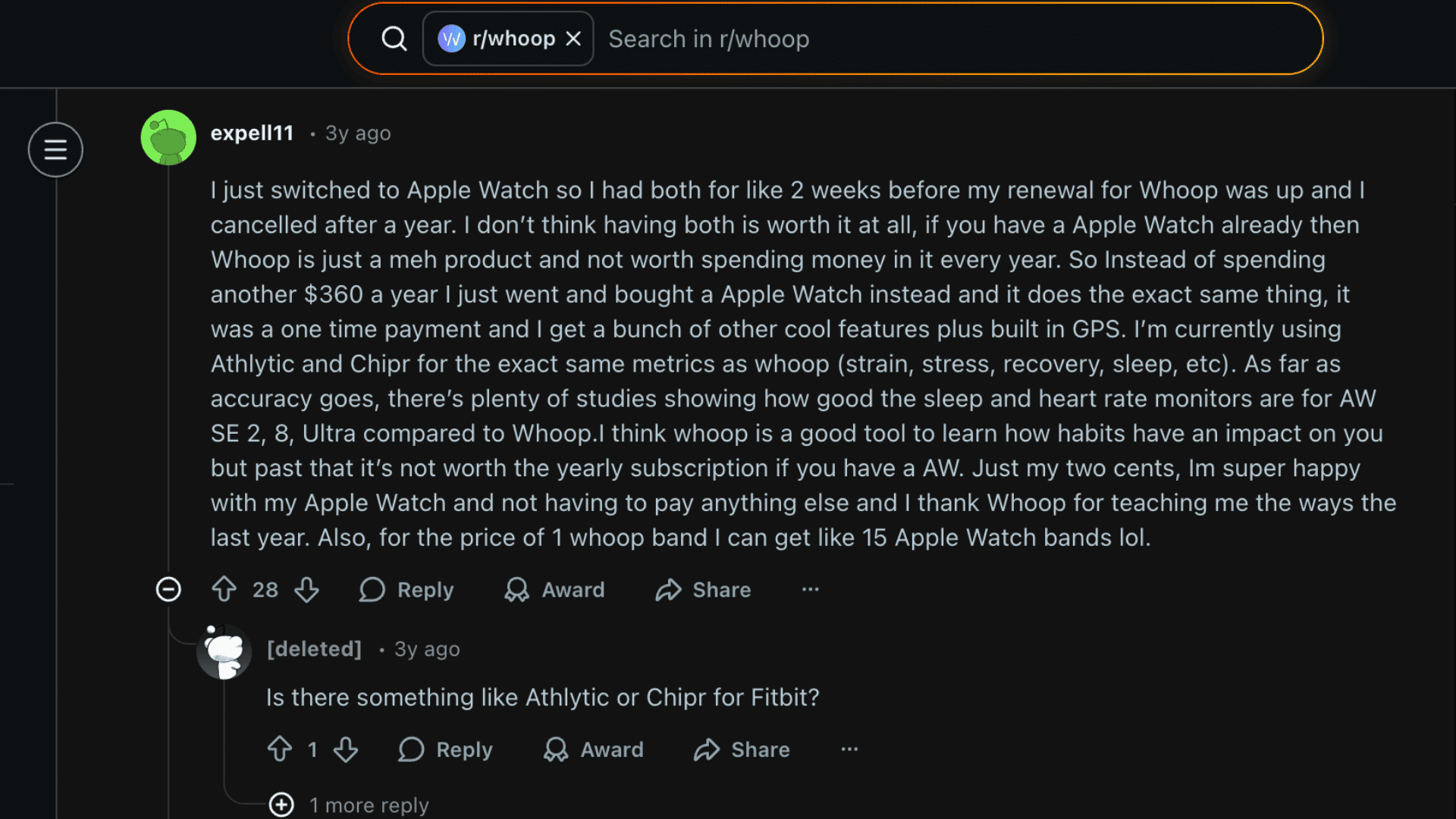 Reddit discussion comparing Whoop and Apple Watch with user opinions on cost, features, and fitness tracking experience