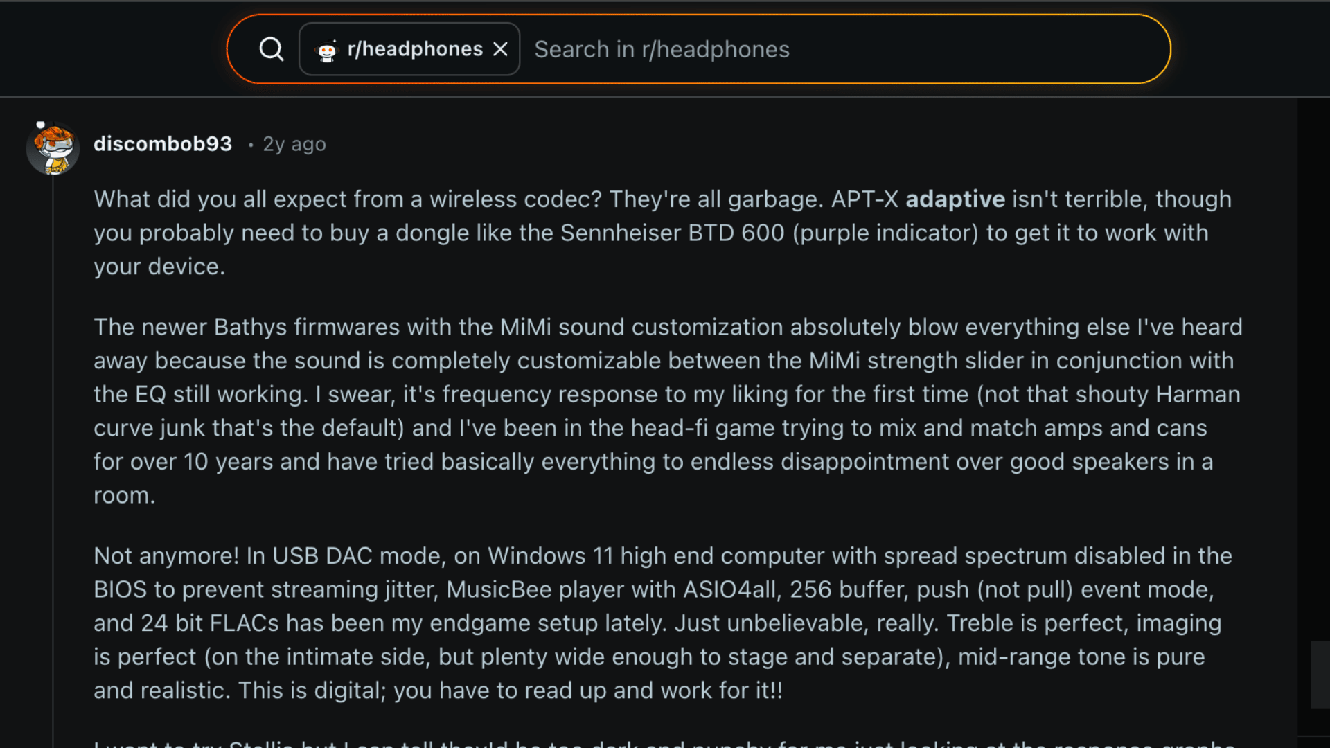 Reddit discussion on Focal Bathys review showing user feedback on sound quality, DAC mode, and customization settings