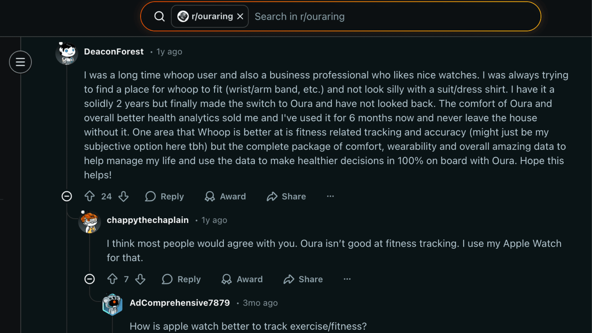 Reddit discussion on Oura Ring vs Whoop with user reviews on comfort, fitness tracking, and daily usability insights
