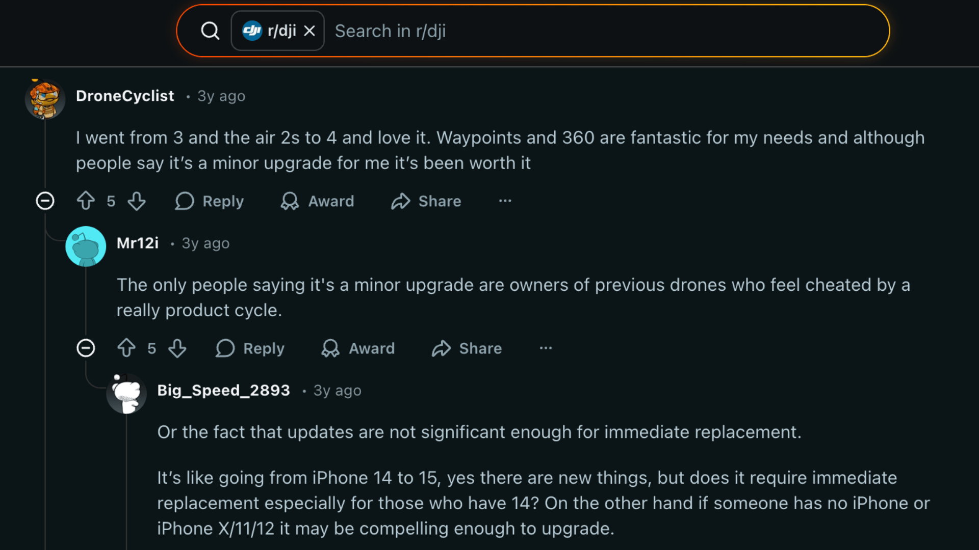 Reddit discussion showing DJI Mini 4 Pro user opinions, upgrade debates, and feature feedback