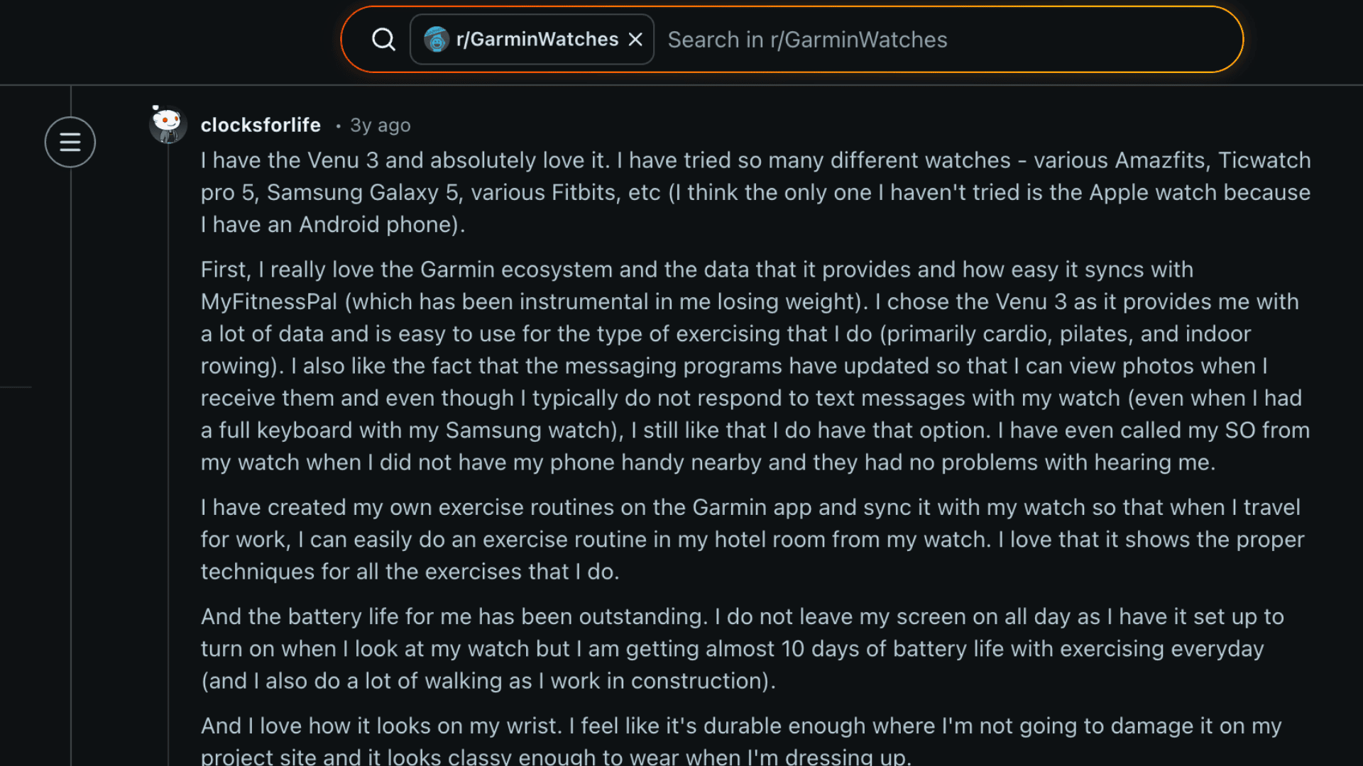 Reddit page showing Garmin Venu 3 reviews discussion with user comments and smartwatch experience insights