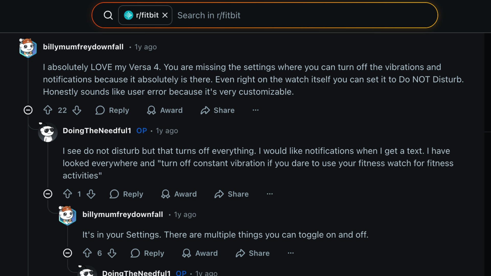 Reddit thread discussing Fitbit Versa 4 features, notification settings, and user experiences with customization options
