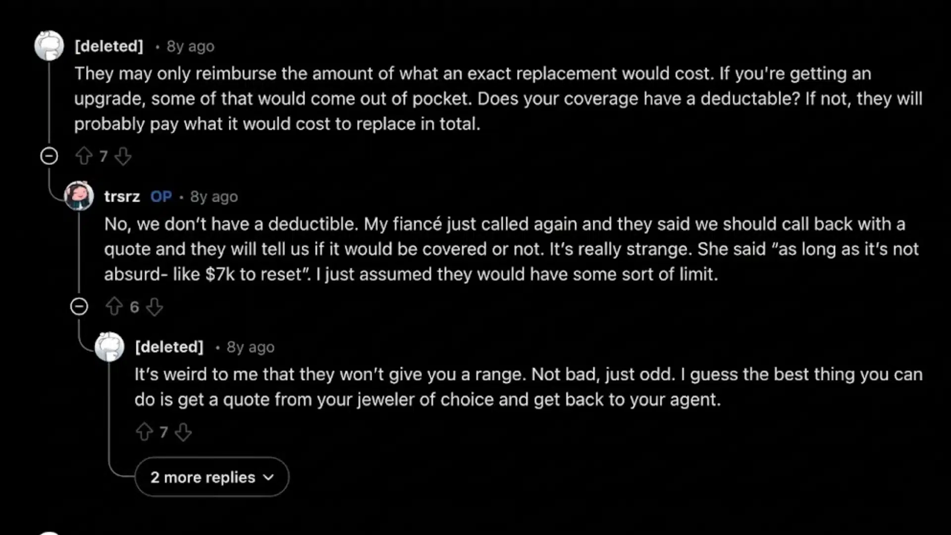 Reddit thread discussing State Farm wedding ring insurance claim, deductible details, and replacement cost coverage advice