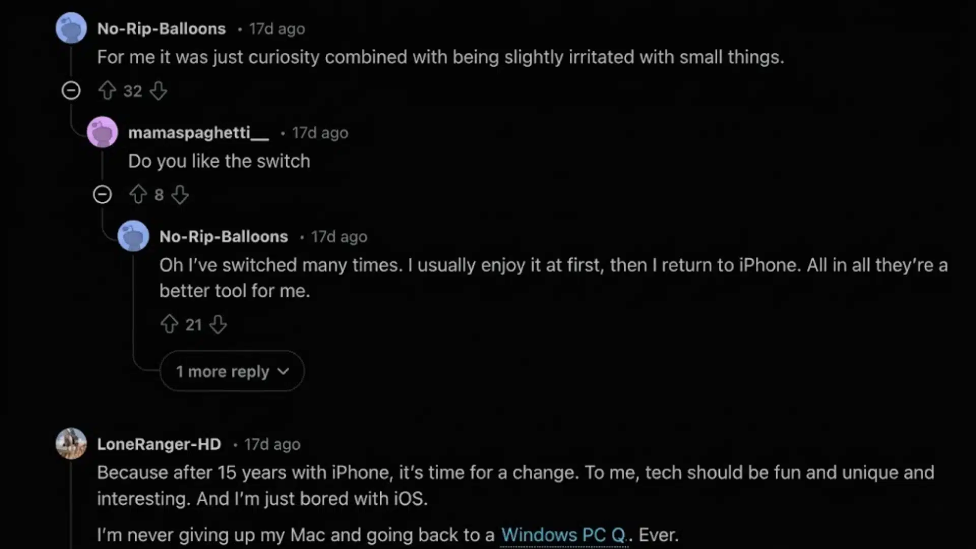 Reddit thread discussing switching from iPhone to Android, with users sharing curiosity, boredom with iOS, and returning to Apple