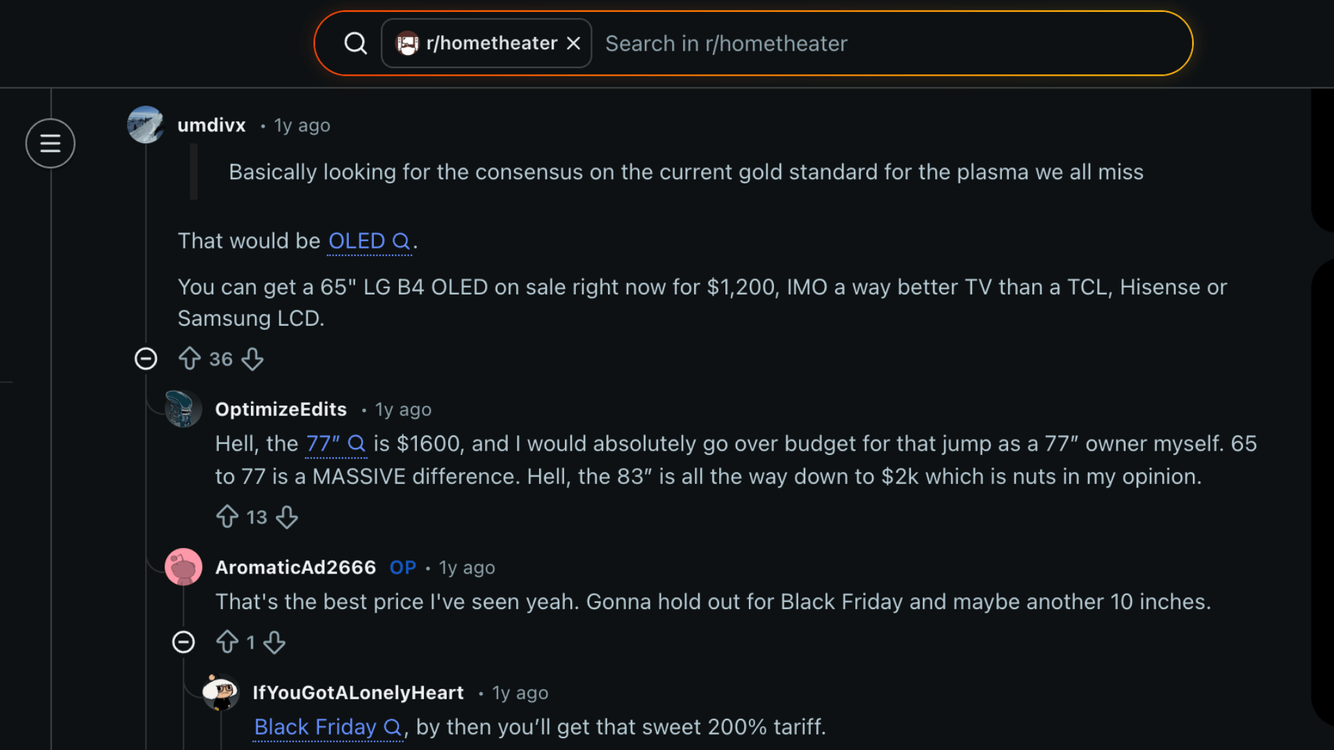 Reddit thread on OLED vs QNED TVs showing user opinions, features and pricing discussions