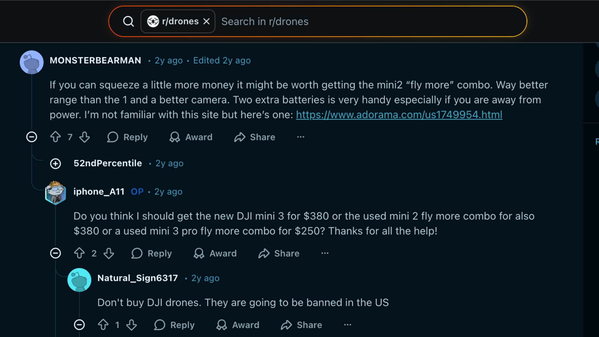Reddit thread showing user discussion about choosing between DJI Mini 3, Mini 2 combo, and Mini 3 Pro